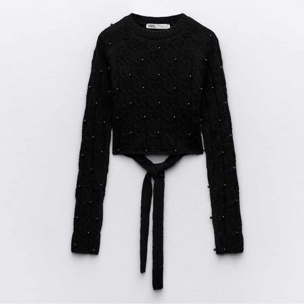 NEW ZARA BLACK KNIT PEARL LONG SLEEVES TOP ZW COLLECTION NWT